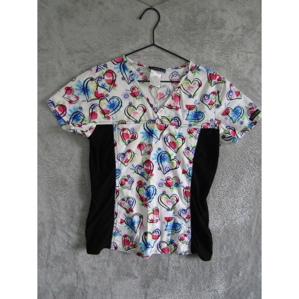 Cherokee Workwear Women Small Scrub Top Heart Watermelon Print V-Neck CK626 HTHY